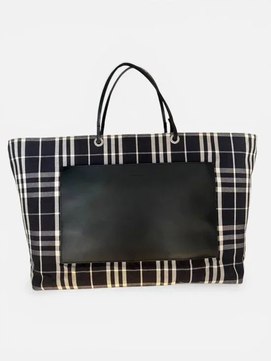 VTG Burberry Nova Check Tote XL Black Leather Cotton Canvas Open Top Bag Italy - Picture 3 of 10